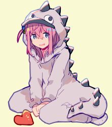 Rule 34 | 1girl, absurdres, animal costume, animal hood, between legs, blue eyes, blush, bocchi the rock!, cosplay, cube hair ornament, dragon costume, dragon hood, full body, gotoh hitori, hair between eyes, hair ornament, hand between legs, heart, highres, hood, hood up, kigurumi, long hair, long sleeves, looking to the side, nimingduz, one side up, open mouth, pink hair, simple background, sitting, smile, solo, wariza, yellow background