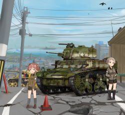 Rule 34 | 10s, 2girls, alisa (girls und panzer), artist name, bad id, bad pixiv id, baton, bird, black footwear, black shorts, blue sky, boots, brown eyes, brown hair, brown jacket, building, cityscape, closed mouth, cloud, cloudy sky, crack, day, emblem, freckles, frown, girls und panzer, hair ornament, hands in pockets, holding, jacket, kneehighs, loafers, long sleeves, looking at viewer, m3 stuart, military, military uniform, military vehicle, motor vehicle, multiple girls, naomi (girls und panzer), open mouth, outdoors, panzer iii, road, roundel, saunders military uniform, shasu (lastochka), shoes, short hair, short twintails, shorts, signature, sky, socks, standing, star (symbol), star hair ornament, tank, traffic cone, twintails, uniform, utility pole, very short hair