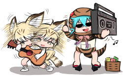Rule 34 | 10s, 2girls, afterimage, animal ears, bare legs, bare shoulders, boombox, cassette tape, cat ears, cat tail, diznaoto, donkey kong (series), donkey kong country 2, gloves, guitar, hood, hoodie, instrument, kemono friends, multiple girls, musical note, open mouth, sand cat (kemono friends), sand cat print, sandals, snake tail, speed lines, striped, sunglasses, tail, thighhighs, tsuchinoko (kemono friends)