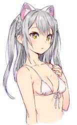 Rule 34 | 1girl, animal ears, bikini, bikini top only, braid, breasts, cat ears, cleavage, front-tie bikini top, front-tie top, hand on own chest, kawata hisashi, long hair, parted lips, silver hair, simple background, small breasts, solo, swimsuit, twin braids, two side up, upper body, white background, white bikini, yellow eyes