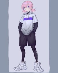 Rule 34 | 1girl, black shorts, closed mouth, clothes writing, ear piercing, full body, hair between eyes, hands in pockets, highres, hood, hood down, hoodie, knee pads, layered sleeves, leggings, long sleeves, original, piercing, pink hair, purple eyes, shoes, short twintails, shorts, simple background, sneakers, solo, standing, toxic ghost, twintails, two-tone background, white footwear
