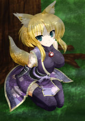 Rule 34 | 10s, 1girl, animal ears, aqua eyes, bad id, bad pixiv id, blonde hair, breasts, dog days, dog ears, dog tail, fingerless gloves, fox ears, fox tail, gloves, grass, green eyes, hassen (8cm), highres, impossible clothes, impossible shirt, japanese clothes, jewelry, kneeling, large breasts, outdoors, pendant, seiza, shirt, sitting, smile, solo, tail, thighhighs, tree, tree shade, tsurime, under tree, yukikaze panettone