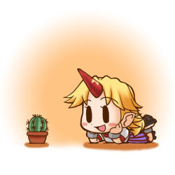Rule 34 | 1girl, :d, blonde hair, blush stickers, cactus, chibi, cuffs, geta, hands on own face, head on hand, horns, hoshiguma yuugi, long hair, lying, nishin, on stomach, open mouth, plant, pointy ears, potted plant, shackles, short sleeves, single horn, smile, solid oval eyes, solo, touhou, two-tone background