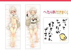 Rule 34 | 1boy, axis powers hetalia, bad id, bad pixiv id, barefoot, bird, blush, cape, chick, covering privates, covering crotch, cross, dakimakura (medium), closed eyes, highres, iron cross, male focus, multiple views, navel, nude, open mouth, prussia (hetalia), red eyes, short hair, tobi (one), white background