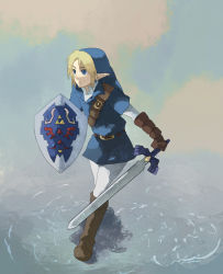Rule 34 | 1boy, alternate costume, blonde hair, blue eyes, blue tunic, boots, brown footwear, earrings, gloves, hat, holding, holding sword, holding weapon, jewelry, link, male focus, master sword, nintendo, pointy ears, ryoku (yoridori), shield, shoes, solo, sword, the legend of zelda, tunic, weapon