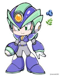 Rule 34 | 1boy, alternate costume, arm cannon, armor, blue armor, blue helmet, blueberry, chibi, commentary, food, forehead jewel, fruit, green eyes, male focus, mega man (series), mega man x (series), nenndo100, solo, symbol-only commentary, twitter username, weapon, x (mega man), x buster