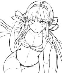 Rule 34 | 1girl, bare shoulders, blush, bra, breasts, cleavage, closed mouth, collarbone, greyscale, groin, hair ribbon, hairband, kinako (mzknk0), light frown, linea alba, long hair, looking at viewer, low twintails, monochrome, navel, panties, ribbon, ryoubi (senran kagura), senran kagura, simple background, sketch, small breasts, solo, striped bra, striped clothes, thighhighs, twintails, underwear, white background, wide hips