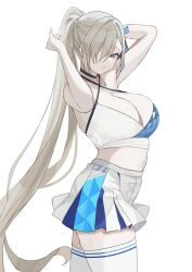 Rule 34 | 1girl, absurdres, alternate costume, arms up, asuna (blue archive), bare arms, bare shoulders, black choker, blue archive, blue eyes, breasts, cheerleader, choker, cleavage, from side, grey hair, hair over one eye, highres, large breasts, long hair, one eye covered, pleated skirt, ponytail, simple background, skirt, solo, thighhighs, thighs, tnr (horiko1525), two-tone skirt, very long hair, white background, white thighhighs