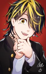Rule 34 | 1boy, black hair, black jacket, blonde hair, blouse, hair over one eye, hand on own chin, hand up, hanemiya kazutora, highres, jacket, long sleeves, looking at viewer, male focus, medium hair, mole, mole under eye, multicolored hair, neck tattoo, open mouth, red background, shachi mr, shirt, simple background, smile, solo, stroking own chin, tattoo, tokyo revengers, two-tone hair, upper body, white shirt, yellow eyes