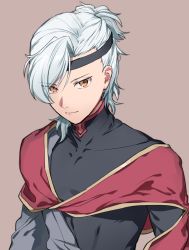 Rule 34 | 1boy, black headband, brown background, closed mouth, collarbone, covered collarbone, eyes visible through hair, grey hair, headband, highres, looking at viewer, male focus, namco, nazar (tales), orange eyes, simple background, smile, solo, soso (sosoming), tales of (series), tales of the rays, turtleneck, upper body