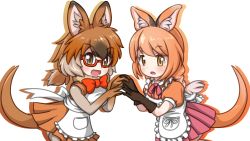 Rule 34 | 10s, 2girls, :o, animal ears, apron, bow, bowtie, brown eyes, brown gloves, brown hair, fingers together, frilled apron, frills, fur collar, glasses, gloves, interlocked fingers, kemono friends, long hair, looking at viewer, multiple girls, own hands together, pademelon (kemono friends), pleated skirt, pocket, red-framed eyewear, red neckwear, short sleeves, simple background, skirt, sleeveless, spectacled hare-wallaby (kemono friends), tail, thighhighs, vostok (vostok061), white background
