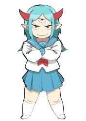 Rule 34 | 1girl, absurdres, blue hair, blue sailor collar, blue skirt, brown eyes, crossed arms, highres, horns, light blue hair, looking at viewer, lv1 maou to one room yuusha, maou (lv1 maou to one room yuusha), medium hair, neckerchief, pointy ears, red horns, red neckerchief, sailor collar, school uniform, serafuku, simple background, skirt, smile, socks, solo, standing, third eye, white background, white socks