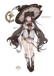 Rule 34 | 1girl, absurdres, brown footwear, brown hair, detached sleeves, dress, full body, hat, highres, holding, holding wand, long hair, looking at viewer, neck ribbon, original, pointy ears, red eyes, red ribbon, ribbon, simple background, solo, twintails, wand, white background, witch hat, yuk233