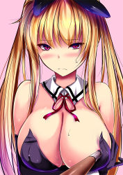 Rule 34 | 1girl, akeyama kitsune, areola slip, bare shoulders, blonde hair, blush, breasts, cleavage, closed mouth, frown, gloves, large breasts, leotard, long hair, looking at viewer, no bra, original, pink background, pink eyes, playboy bunny, rabbit ears, simple background, solo, sweat, twintails, upper body