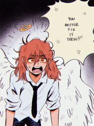 Rule 34 | 1boy, angel, angel devil (chainsaw man), angel wings, anger vein, angry, black necktie, black pants, chainsaw man, english text, halo, highres, lazynico, messy hair, necktie, pants, red eyes, red hair, shirt, shouting, speech bubble, white shirt, wings