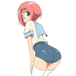 Rule 34 | 1girl, arm support, ass, back, blue one-piece swimsuit, female focus, from behind, green eyes, leaning forward, looking at viewer, looking back, nemuro nao, one-piece swimsuit, original, pink hair, puffy sleeves, sailor collar, school swimsuit, school uniform, serafuku, shirt, short hair, short sleeves, simple background, solo, swimsuit, swimsuit under clothes, thighhighs, white background, white shirt, white thighhighs