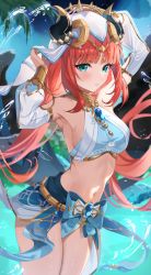 Rule 34 | 1girl, absurdres, aqua eyes, armpits, arms up, blue bow, blue skirt, blue sky, blurry, blurry background, blush, bow, breasts, brooch, circlet, cowboy shot, crop top, detached sleeves, genshin impact, gold trim, harem outfit, highres, horns, jewelry, long hair, long sleeves, looking at viewer, medium breasts, navel, neck ring, nilou (genshin impact), outdoors, parted lips, puffy long sleeves, puffy sleeves, red hair, skirt, sky, solo, stomach, thighs, veil, vision (genshin impact), water, wet, white sleeves, yamamoto (ymmt is sexy)