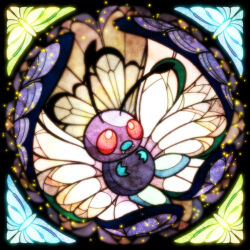 Rule 34 | animal focus, black border, blank eyes, border, bug, butterfly, butterfree, creatures (company), fangs, free butterfree, game freak, gen 1 pokemon, highres, insect, light particles, nintendo, no humans, pokemon, pokemon (creature), red eyes, solo, stained glass