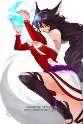Rule 34 | 1girl, ahri (league of legends), animal ears, artist name, black hair, breasts, cleavage, detached sleeves, energy ball, facial mark, fingernails, fox ears, fox girl, fox tail, hair between eyes, highres, jjolee, league of legends, long hair, looking at viewer, medium breasts, nail polish, red nails, sharp fingernails, simple background, solo, tail, toeless footwear, toenails, toes, whisker markings, white background, yellow eyes