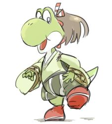 Rule 34 | absurdres, bad id, bad twitter id, brown hair, commentary request, cosplay, full body, highres, hinata hibari, kantai collection, long hair, mario (series), nintendo, no humans, ponytail, simple background, standing, standing on one leg, what, white background, wide sleeves, yoshi, zuihou (kancolle), zuihou (kancolle) (cosplay)