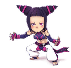 Rule 34 | 1girl, bad id, bad pixiv id, baggy pants, barefoot, belt, black hair, bracelet, capcom, detached sleeves, drill hair, elbow gloves, fingerless gloves, full body, gloves, halterneck, han juri, jewelry, midriff, nucomas, pants, purple eyes, simple background, solo, spiked bracelet, spikes, street fighter, street fighter iv (series), toes, twin drills, twintails, white background