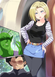 Rule 34 | 1girl, 2boys, android 18, animankan, black pantyhose, blonde hair, blue eyes, breasts, dragon ball, dragonball z, hands on own hips, highres, multiple boys, open mouth, pantyhose, piccolo, short hair, skirt, vegeta