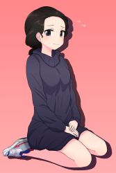 Rule 34 | 1girl, asutoro (s--t), black dress, black eyes, black hair, blush, casual, closed mouth, commentary, dress, flying sweatdrops, girls und panzer, hair tie, hamada kiyo, hands on lap, highres, light frown, long sleeves, looking at viewer, medium hair, no socks, pink background, seiza, shoes, short ponytail, silhouette, simple background, sitting, sneakers, solo, sweatdrop, sweater, sweater dress, turtleneck, white footwear