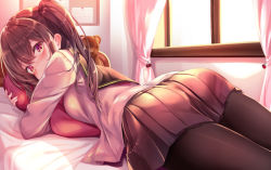 Rule 34 | 1girl, ass, bedroom, black legwear, black skirt, blouse, commentary, covered mouth, curtains, day, from behind, haruka natsuki, indoors, long hair, long sleeves, looking back, lying, miniskirt, hugging object, on bed, on stomach, one side up, original, pillow, pillow hug, pleated skirt, school uniform, serafuku, shirt, skirt, solo, stuffed animal, stuffed toy, teddy bear, white shirt, window