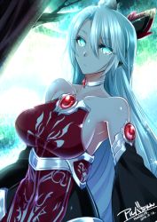 Rule 34 | 1girl, bare shoulders, blue eyes, blue hair, breasts, choker, closed mouth, commentary request, dated, day, gem, glint, hair ornament, konshin, large breasts, long sleeves, looking at viewer, original, outdoors, red eyes, sideboob, signature, solo, tree, upper body, wide sleeves