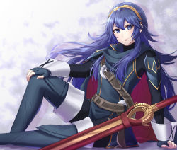 Rule 34 | 1girl, 2021, black pants, blue eyes, blue hair, boots, brown hairband, closed mouth, dated, fingerless gloves, fire emblem, fire emblem awakening, floating hair, gloves, grey footwear, grey gloves, hair between eyes, hairband, hand on own knee, happy birthday, highres, long hair, looking at viewer, lucina (fire emblem), nintendo, pants, shinae, sitting, smile, solo, thigh boots, thighhighs, very long hair
