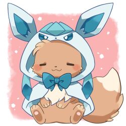 Rule 34 | :3, = =, blue bow, blush stickers, bow, capelet, closed eyes, clothed pokemon, cosplay, creatures (company), eevee, full body, game freak, gen 1 pokemon, gen 4 pokemon, glaceon, glaceon (cosplay), hand on own stomach, highres, hood, hooded capelet, kana (maple926), nintendo, open mouth, pokemon, pokemon (creature), sitting, smile, solo