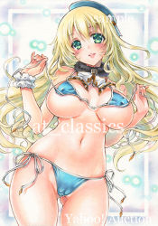 Rule 34 | 1girl, artist name, at classics, atago (kancolle), bikini, blonde hair, blue bikini, blush, breasts, cameltoe, cleft of venus, covered erect nipples, cowboy shot, fur trim, gluteal fold, green eyes, hat, kantai collection, large breasts, long hair, looking at viewer, navel, open mouth, sample watermark, scrunchie, side-tie bikini bottom, smile, solo, swimsuit, traditional media, untied bikini, very long hair, w arms, watermark, wrist scrunchie
