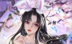 Rule 34 | 1girl, aclassical, bare shoulders, black hair, braid, braided ponytail, bug, butterfly, cherry blossoms, douluo dalu, earrings, gleam, hand up, highres, insect, jewelry, long hair, looking to the side, necklace, pink eyes, second-party source, solo, upper body, xiao wu (douluo dalu)