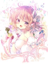 Rule 34 | 1girl, blush, breasts, brown hair, character name, dated, dress, gloves, gochuumon wa usagi desu ka?, happy, happy birthday, hoto cocoa, large breasts, looking at viewer, mitsumomo mamu, open mouth, purple eyes, short hair, smile, solo, white dress, white gloves