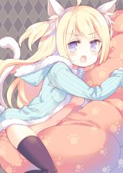 Rule 34 | 1girl, ahoge, animal ears, black thighhighs, blonde hair, blue sweater, breasts, cardigan, cat ears, cat tail, commentary request, fang, hood, hooded sweater, long hair, looking at viewer, navel, open cardigan, open clothes, open mouth, original, purple eyes, solo, straddling, sweater, tail, thighhighs, v-shaped eyebrows, yamadori yoshitomo