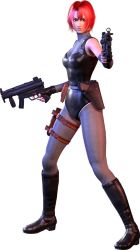 Rule 34 | 1girl, 3d, bag, bare shoulders, bodysuit, boots, breasts, capcom, detached sleeves, dino crisis, dual wielding, elbow gloves, fingerless gloves, gloves, gun, h&amp;k mp5, heckler &amp; koch, highres, holding, holster, leotard, official art, red eyes, red hair, regina (dino crisis), satchel, semi-automatic firearm, short hair, simple background, skin tight, solo, spandex, submachine gun, thigh strap, weapon