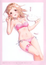 Rule 34 | 1girl, absurdres, animal, bandeau, bare arms, bare shoulders, bikini, bird, blush, border, bra, breasts, brown eyes, cleavage, clothing cutout, collarbone, dove, feathers, feet out of frame, fingernails, groin, hand up, hands up, heart cutout, highres, idolmaster, idolmaster shiny colors, kinako (shiratama mochi), light brown hair, looking at viewer, lying, medium breasts, nail polish, navel, on back, open mouth, panties, pink border, pink nails, sakuragi mano, scan, shadow, shiny skin, side-tie bikini bottom, simple background, smile, solo, stomach, striped bikini, striped bra, striped clothes, striped panties, swimsuit, tattoo, thigh strap, thighs, translation request, underwear, underwear only, vertical-striped bikini, vertical-striped bra, vertical-striped clothes, vertical-striped panties, white background