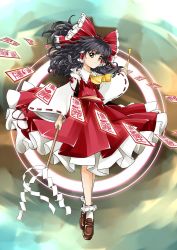 Rule 34 | 1girl, abstract background, ascot, black hair, bobby socks, bow, brown eyes, cai-man, crossed legs, detached sleeves, frilled bow, frilled skirt, frills, gohei, hair bow, hair tubes, hakurei reimu, highres, homing seals, huge bow, japanese clothes, loafers, looking at viewer, magic, miko, paper seals, red bow, ribbon-trimmed sleeves, ribbon trim, seal script, shide, shoes, skirt, socks, solo, tassel, touhou, watson cross, yellow ascot, yin yang