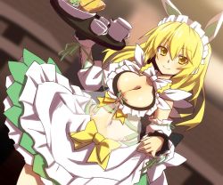Rule 34 | 1girl, apron, blonde hair, breasts, character request, cleavage, collarbone, flower knight girl, large breasts, long hair, looking at viewer, maid, maid apron, maid headdress, mizunashi (second run), solo, waist apron, yellow eyes