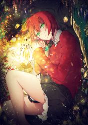 Rule 34 | 1girl, from above, from side, glowing, green eyes, hatori chise, jewelry, mahou tsukai no yome, mirunai, necklace, red hair, school uniform, short hair, solo
