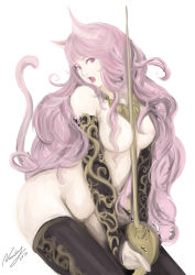 Rule 34 | 1girl, animal ears, breasts, cat ears, cat tail, dated, detached sleeves, hair censor, highres, large breasts, long hair, nude, open mouth, pink hair, rapier, signature, simple background, sketch, solo, sword, tail, thighhighs, very long hair, weapon, white background, yamamoto naoki (bassman naoki)