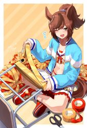 Rule 34 | 1girl, absurdres, animal ears, blue jacket, blush, brown eyes, brown hair, chair, crop top, dated, flat chest, flying sweatdrops, full body, gashitani, highres, horse ears, horse girl, horse tail, indian style, jacket, long sleeves, midriff, miniskirt, multicolored hair, navel, nice nature (run&amp;win) (umamusume), nice nature (umamusume), one eye closed, open clothes, open jacket, open mouth, pom pom (cheerleading), ponytail, raised eyebrows, red footwear, ribbon, sailor collar, school chair, scissors, shirt, shoes, short hair, signature, sitting, skirt, smile, sneakers, socks, solo, streaked hair, tail, umamusume, white shirt, white skirt, white socks