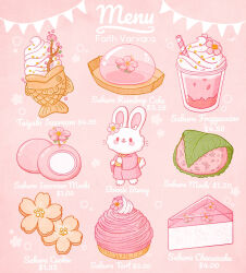 Rule 34 | absurdres, animal, artist name, blush stickers, branch, bubble, cake, cake slice, cheesecake, cherry blossoms, clothed animal, commentary, cookie, cup, dessert, disposable cup, drinking straw, english commentary, english text, faith varvara, flower, food, food focus, frappuccino, highres, ice cream, japanese clothes, kimono, leaf, long sleeves, looking at viewer, menu, mochi, no humans, open mouth, original, petals, pink background, pink flower, pink kimono, pink theme, polka dot, polka dot kimono, price, rabbit, raindrop cake, red eyes, simple background, smile, solid oval eyes, taiyaki, tart (food), wagashi, whipped cream, whiskers, wide sleeves, yukata