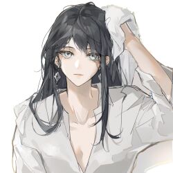 1girl black_hair collarbone dress_shirt drying drying_hair earclip earrings grey_eyes highres holding holding_towel jewelry long_hair looking_at_viewer parted_lips partially_unbuttoned path_to_nowhere rahu_(path_to_nowhere) scar scar_across_eye shirt sia_di_gou silver_earrings simple_background solo straight-on towel unkempt upper_body white_background white_shirt