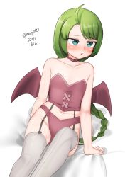 Rule 34 | 1girl, absurdres, aged down, ahoge, bat wings, blue eyes, braid, commentary request, corset, dated, demon girl, demon wings, feet out of frame, garter straps, green hair, grey thighhighs, highres, kantai collection, long hair, maru (marg0613), mole, mole under mouth, one-hour drawing challenge, panties, pout, purple corset, purple panties, simple background, single braid, sitting, solo, thighhighs, twitter username, underwear, very long hair, white background, wings, yuugumo (kancolle)