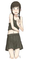 Rule 34 | 10s, 1girl, black shirt, black skirt, blush, brown hair, dated, embarrassed, fubuki (kancolle), green eyes, kantai collection, kawashina (momen silicon), looking at viewer, midriff, miniskirt, navel, open mouth, pleated skirt, shirt, short hair, sidelocks, signature, simple background, skirt, solo, tank top, white background