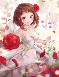 Rule 34 | 10s, 1girl, :d, artist name, bare arms, bare shoulders, blurry, blush, boku no hero academia, bouquet, breasts, brown eyes, brown hair, cleavage, collarbone, cowboy shot, depth of field, dress, flower, gio (maroon0924), hair flower, hair ornament, holding, holding bouquet, looking at viewer, medium breasts, open mouth, pavement, petals, red flower, red rose, rose, round teeth, short hair, sleeveless, sleeveless dress, smile, solo, sparkle, teeth, uraraka ochako, wedding dress, white dress, wind