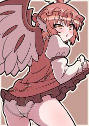 Rule 34 | 1girl, absurdres, animal ears, ass, bird ears, bird wings, blush, brown dress, brown hat, clothes lift, cowboy shot, dress, dress lift, emina, frilled dress, frilled sleeves, frills, hat, highres, juliet sleeves, lifted by self, long sleeves, mystia lorelei, one-hour drawing challenge, open mouth, panties, pink hair, puffy sleeves, short hair, solo, touhou, underwear, white panties, white wings, winged hat, wings, yellow eyes