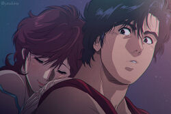 Rule 34 | 1boy, 1girl, absurdres, black eyes, black hair, brown hair, city hunter, closed eyes, commentary request, grey background, hetero, highres, leaning on person, light particles, long eyelashes, looking at another, makimura kaori, muscular, muscular male, parted lips, red shirt, saeba ryou, shirt, short hair, twitter username, upper body, yuu (masarunomori)