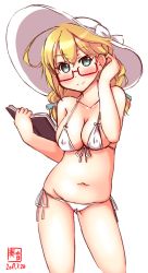 Rule 34 | 1girl, ahoge, alternate costume, artist logo, bikini, blonde hair, blue ribbon, blush, book, breasts, cameltoe, collarbone, covered erect nipples, cowboy shot, dated, feet out of frame, hair between eyes, hair ribbon, hat, highres, i-8 (kancolle), kanon (kurogane knights), kantai collection, large breasts, looking at viewer, low twintails, navel, ribbon, signature, simple background, solo, string bikini, sun hat, swimsuit, twintails, white background, white bikini, white hat